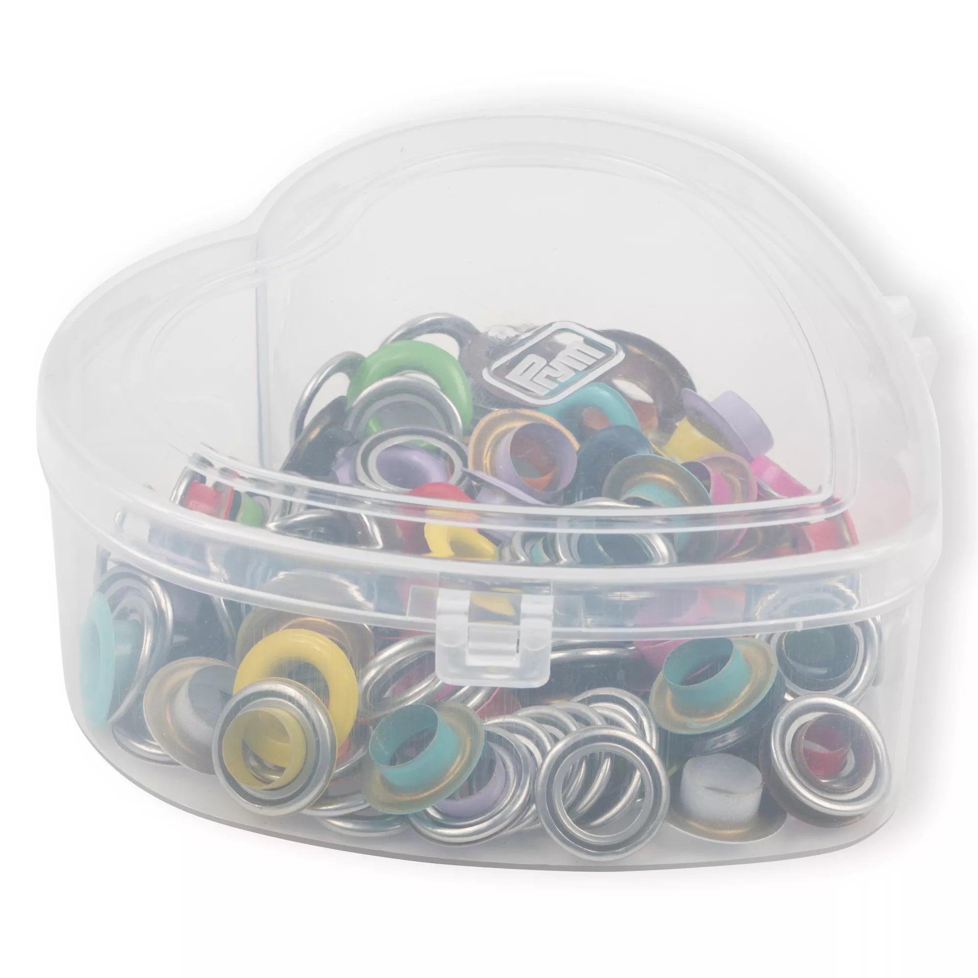 Eyelets with washers, assorted colors, in a heart-shaped box, various sizes