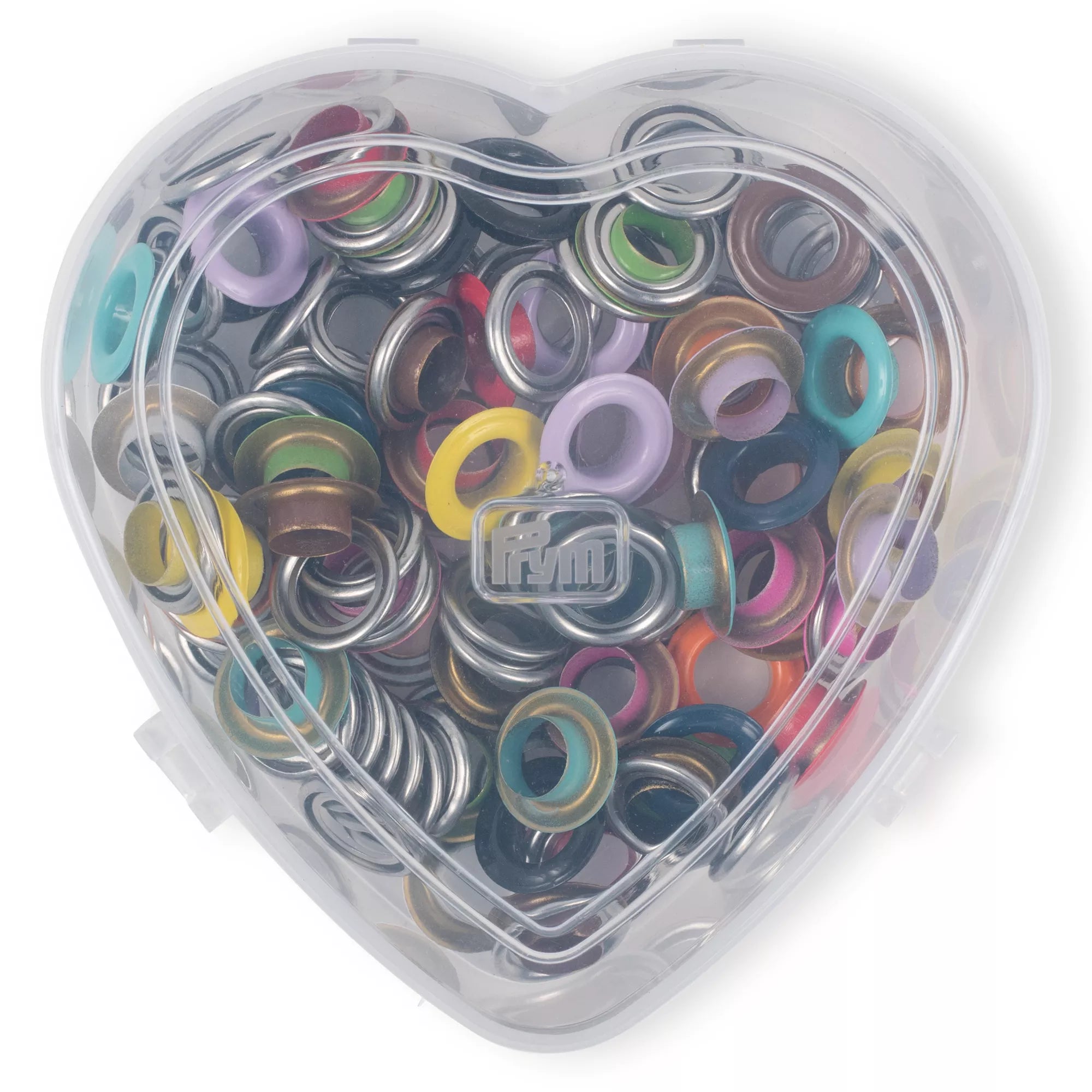 Eyelets with washers, assorted colors, in a heart-shaped box, various sizes