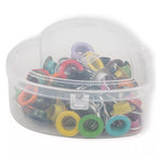 Eyelets with washers, assorted colors, in a heart-shaped box, various sizes