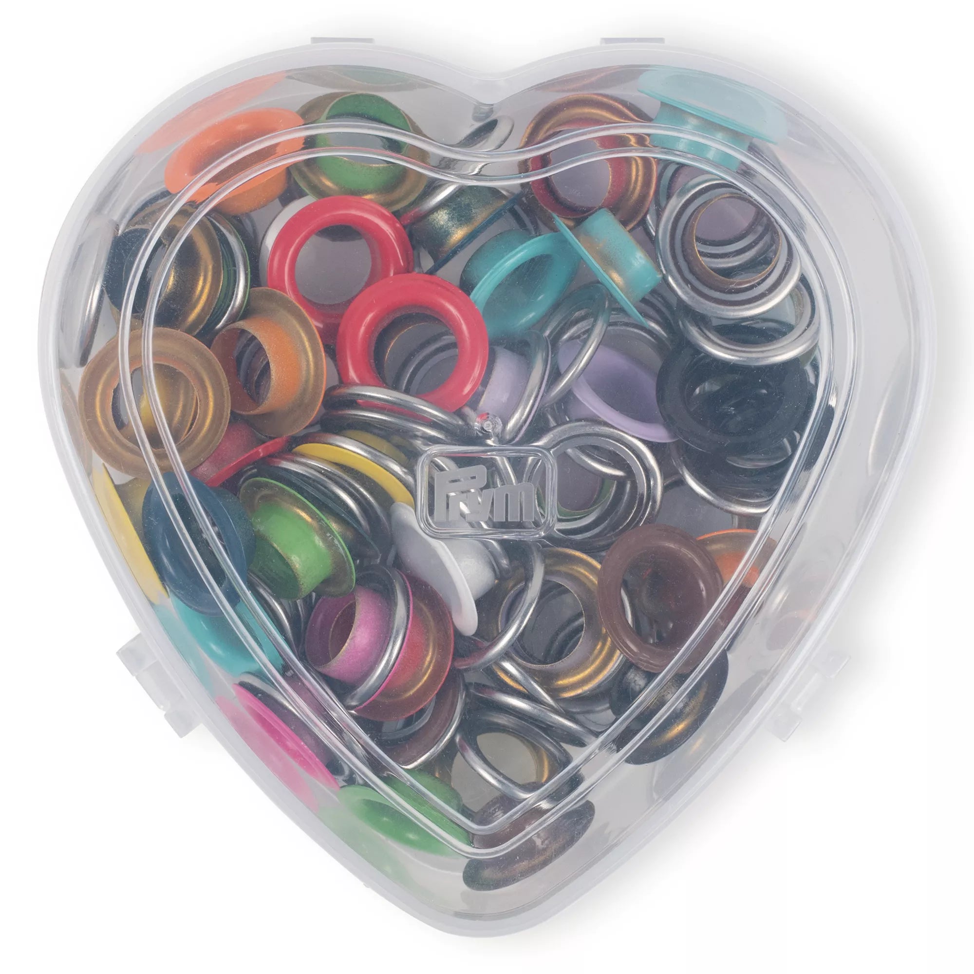 Eyelets with washers, assorted colors, in a heart-shaped box, various sizes