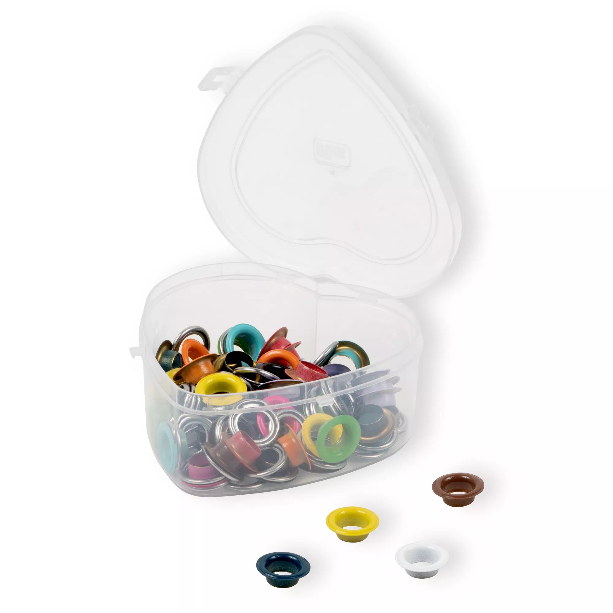 Eyelets with washers, assorted colors, in a heart-shaped box, various sizes