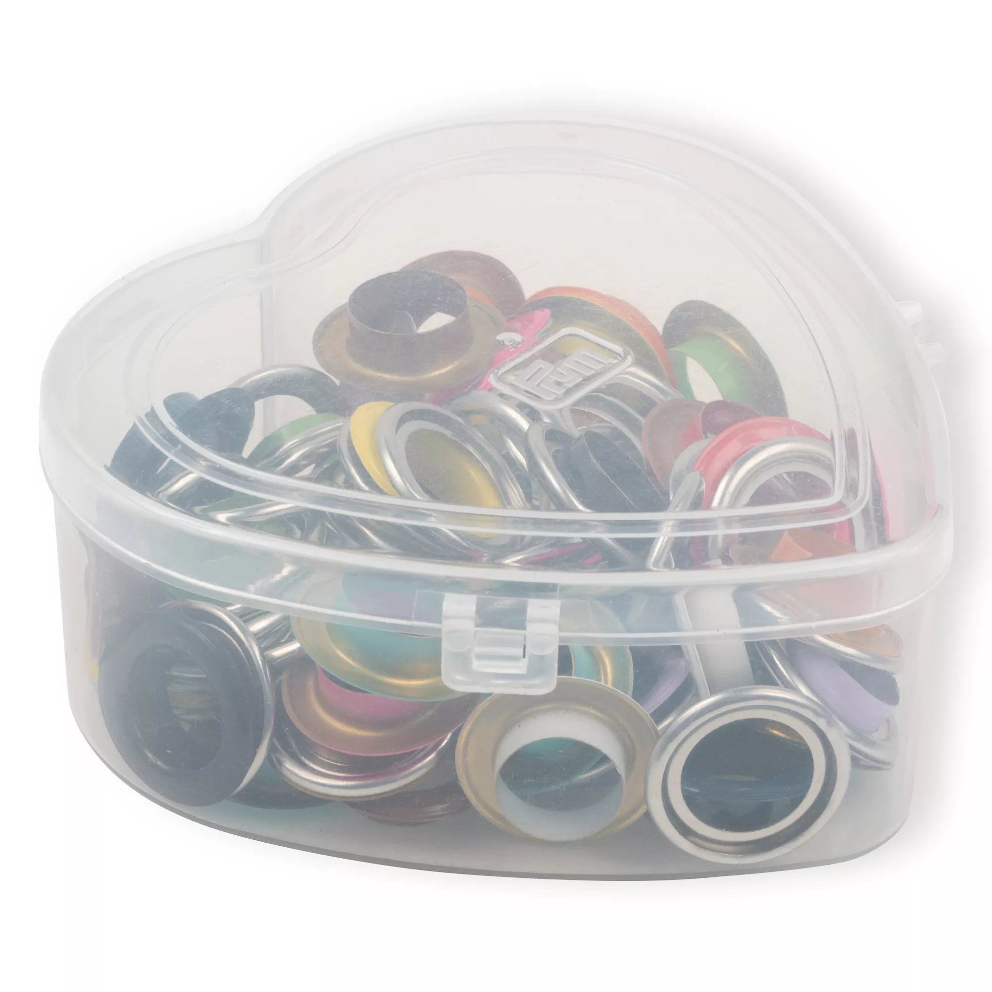Eyelets with washers, assorted colors, in a heart-shaped box, various sizes