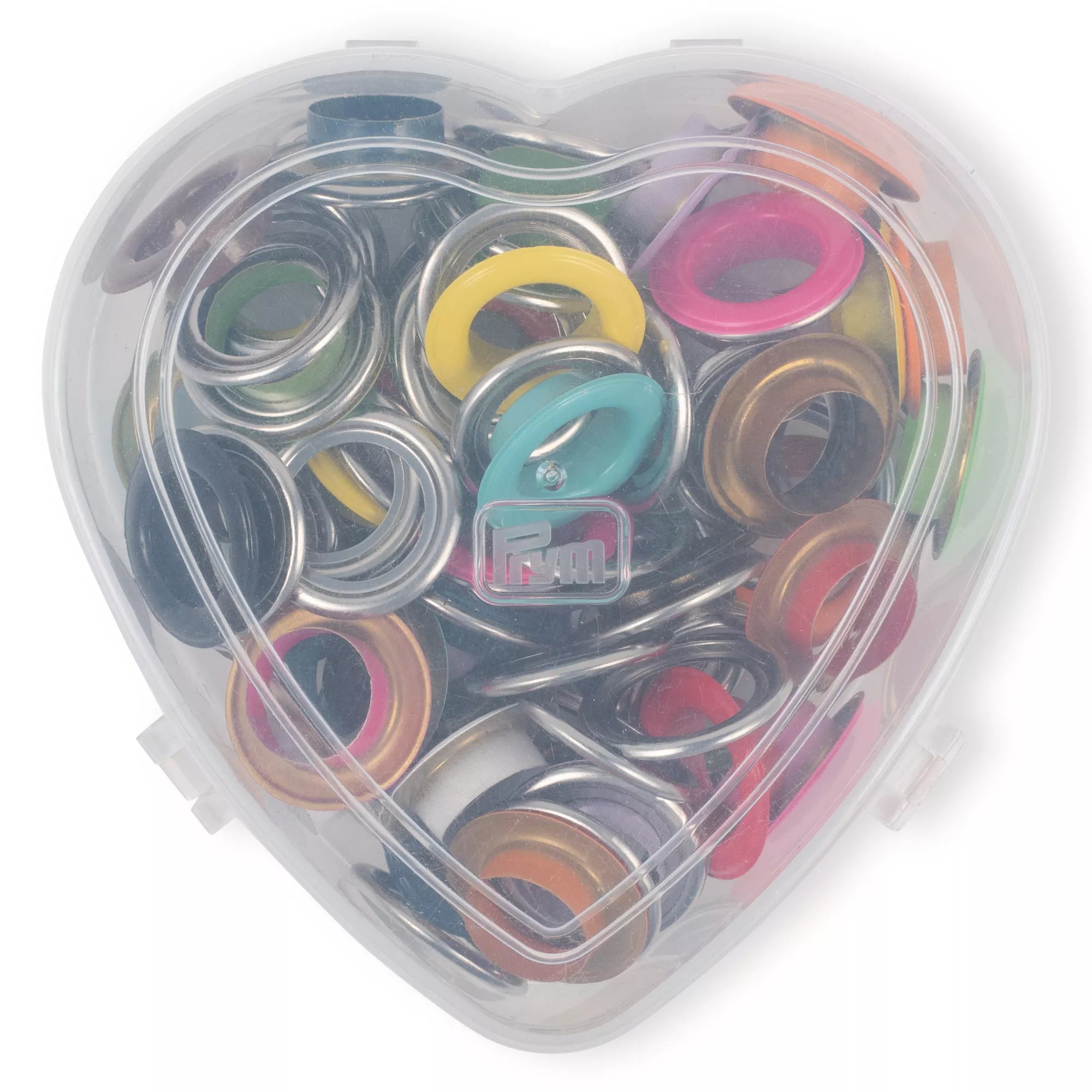 Eyelets with washers, assorted colors, in a heart-shaped box, various sizes