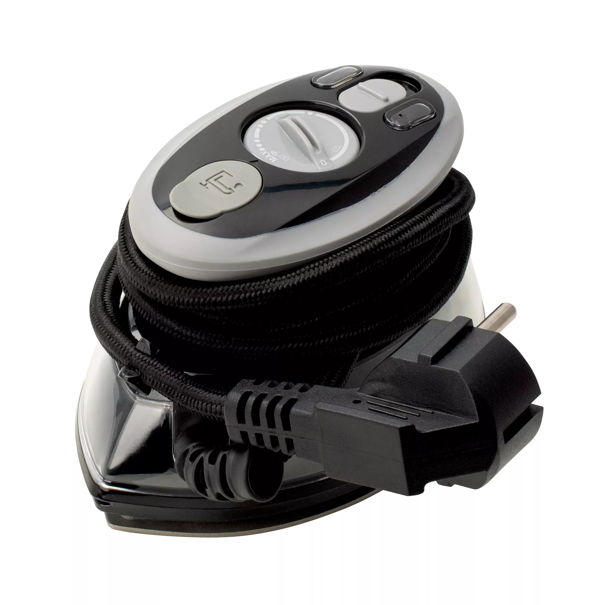 Mini fer à repasser vapeur noir avec support en silicone et étui de voyage