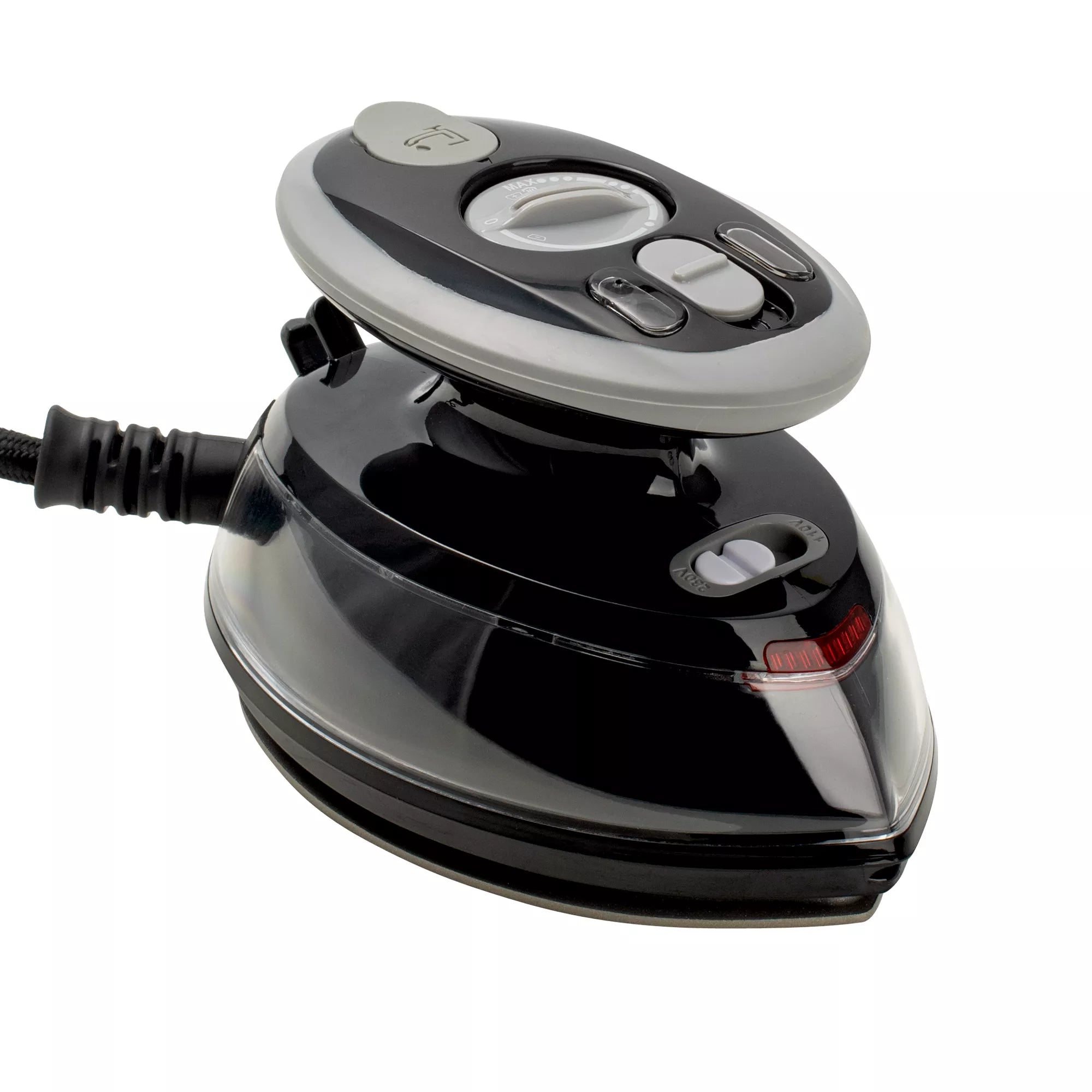 Mini fer à repasser vapeur noir avec support en silicone et étui de voyage