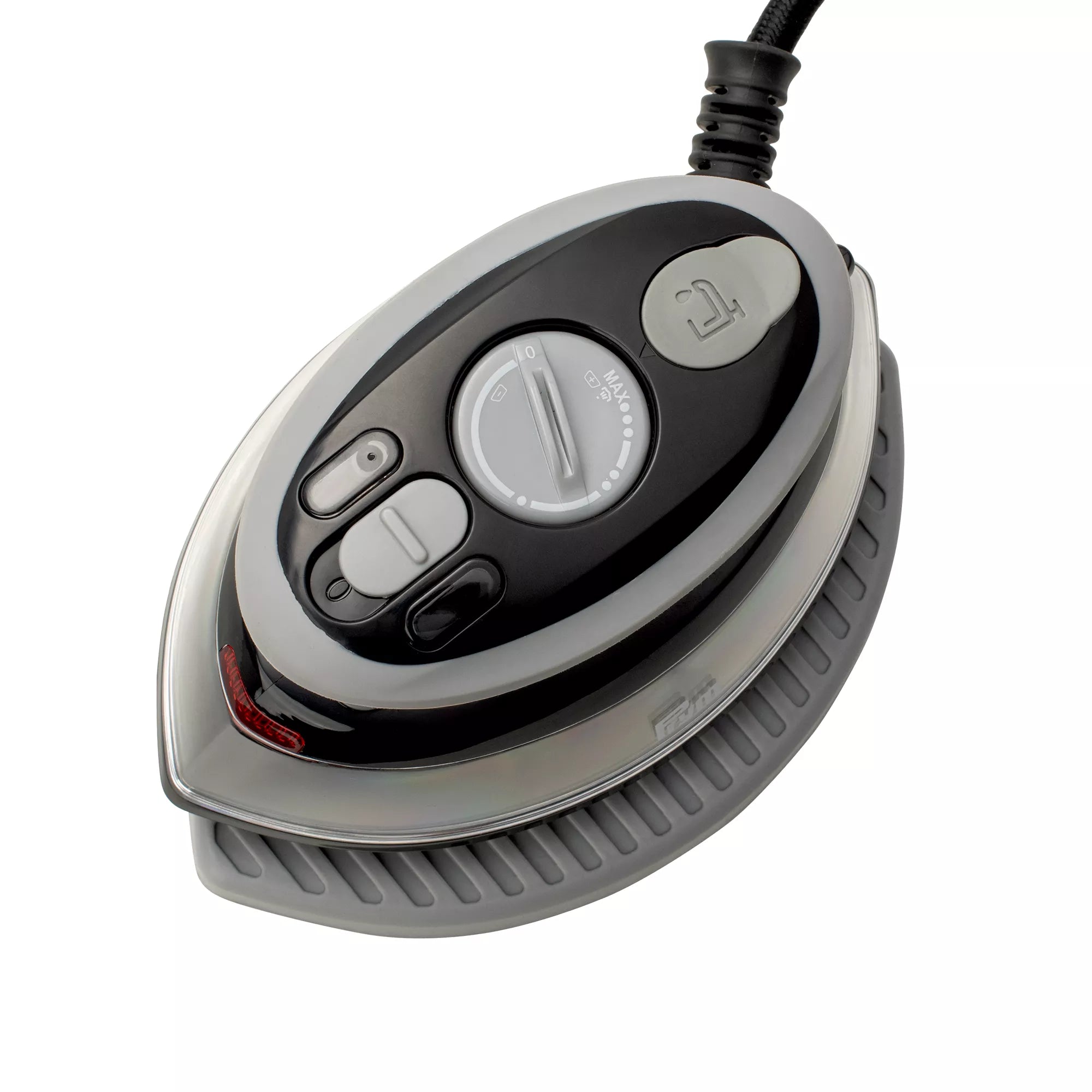 Mini fer à repasser vapeur noir avec support en silicone et étui de voyage