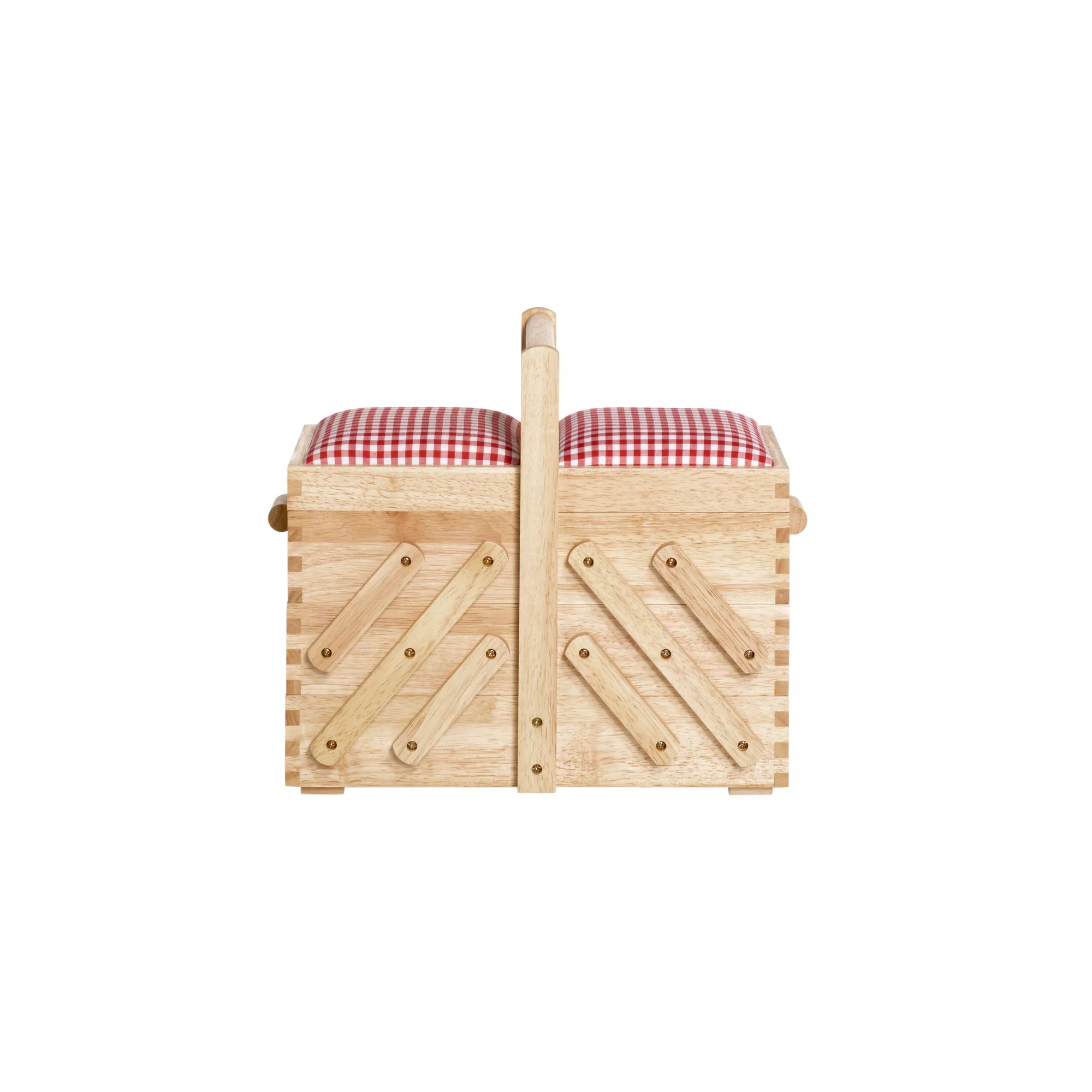 Nähkasten aus hellem Holz, mit Stoff