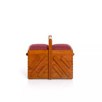 Dark wooden sewing box with fabric