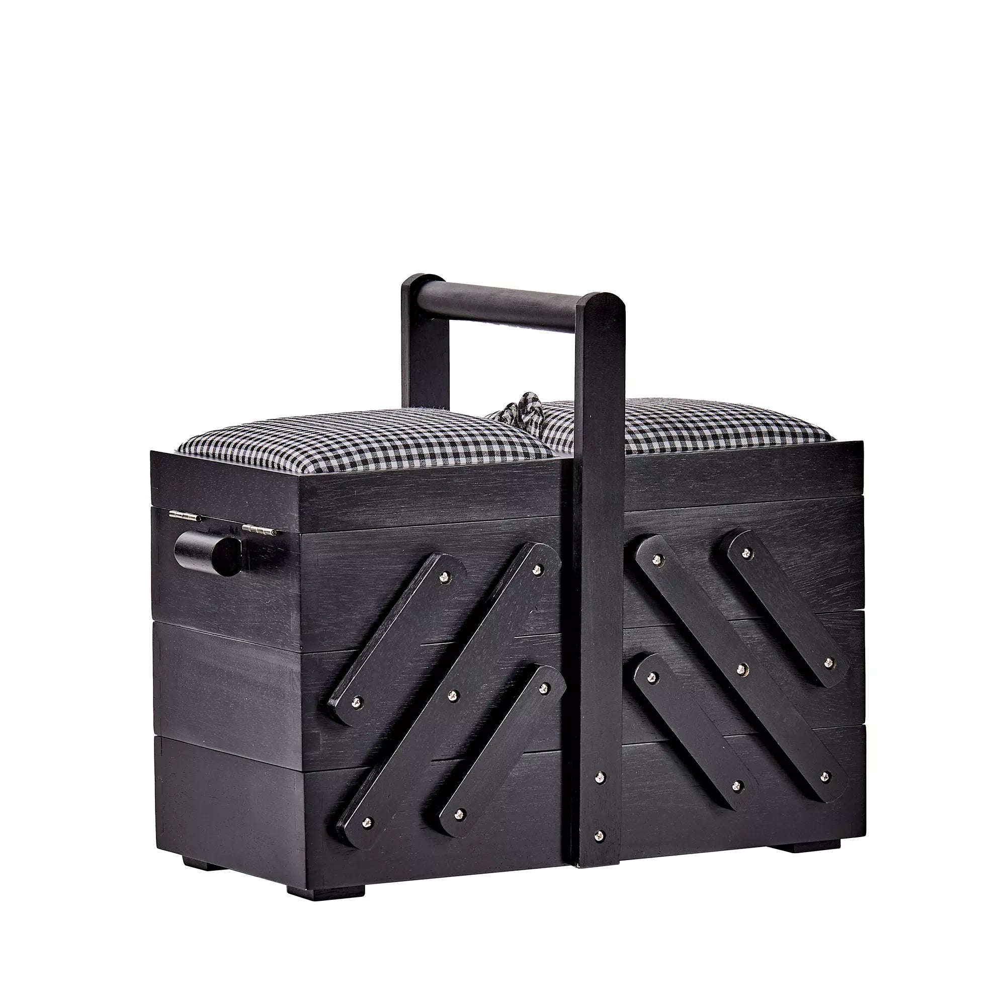 Wooden sewing box M, black with fabric