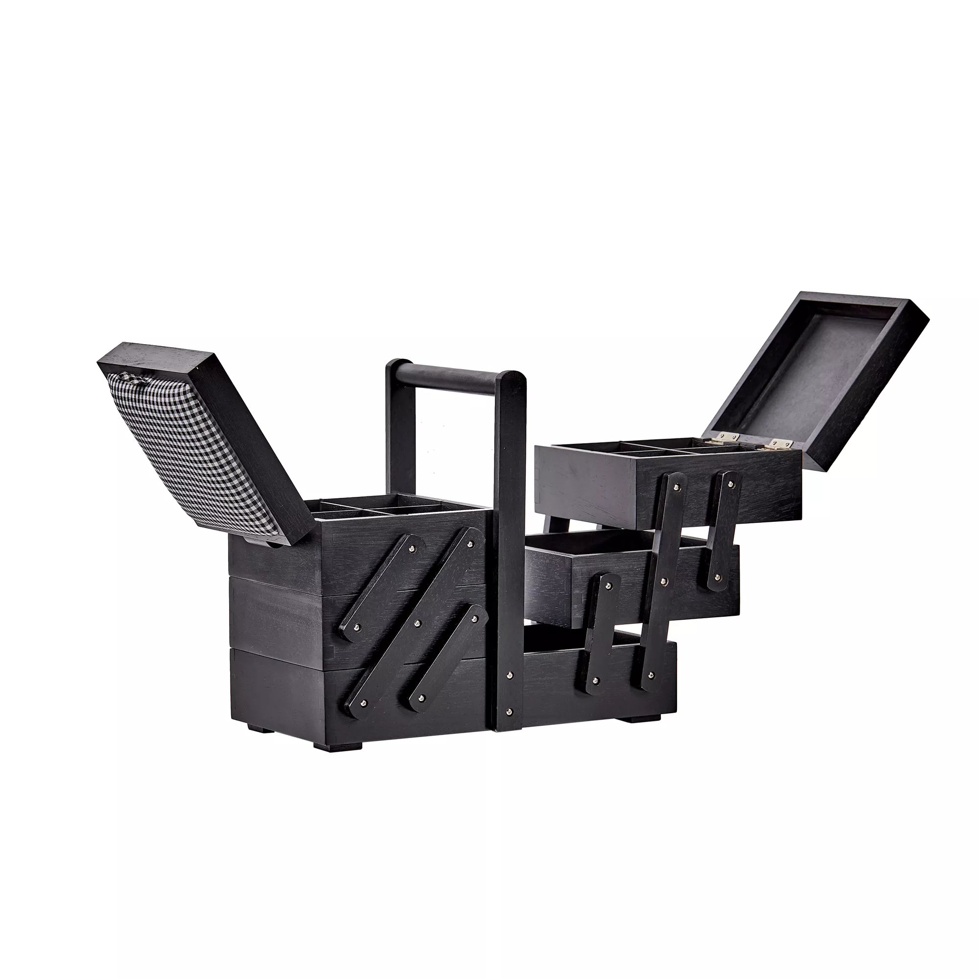 Wooden sewing box M, black with fabric
