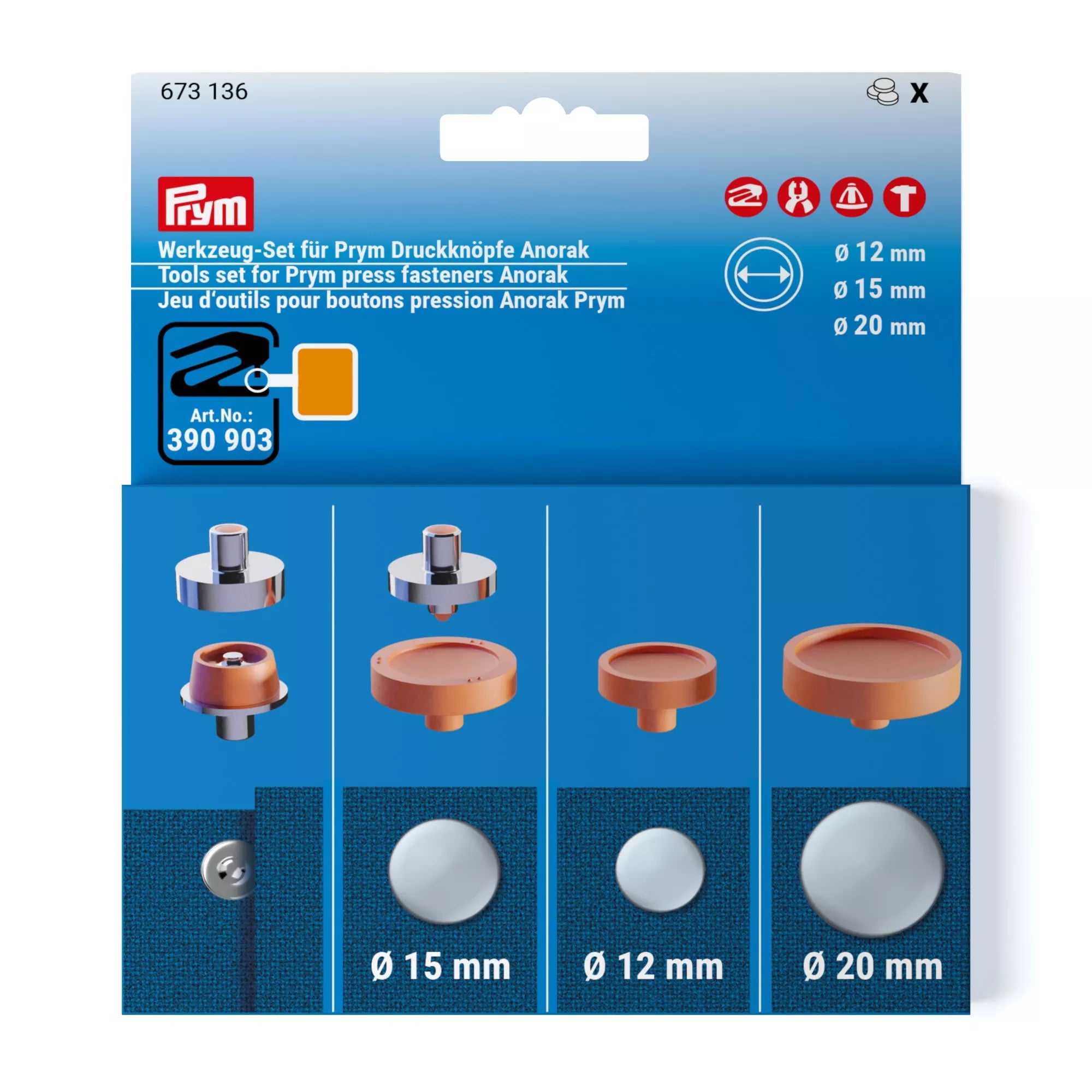 Tool set for Prym snap fasteners Anorak, 12, 15 and 20 mm