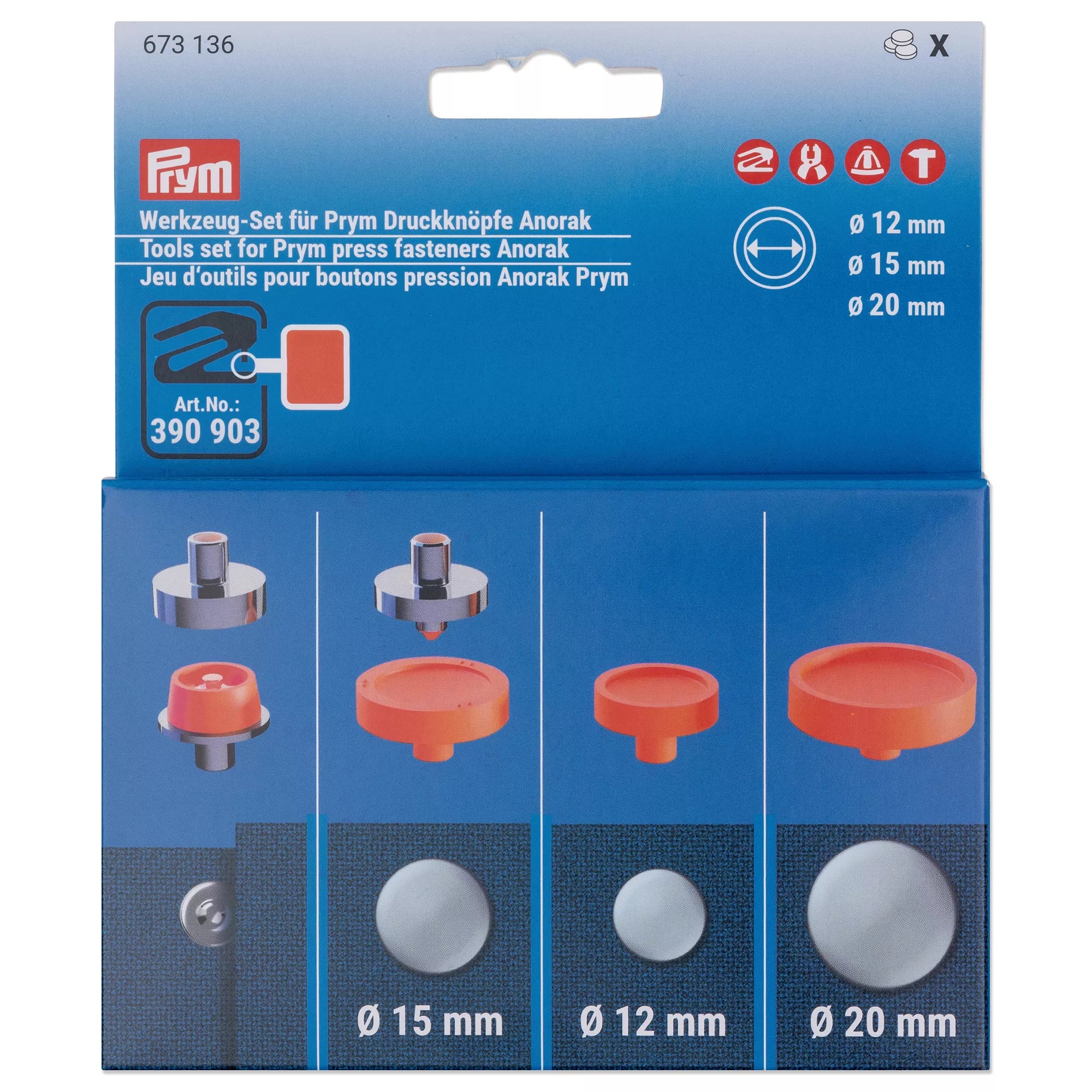 Tool set for Prym snap fasteners Anorak, 12, 15 and 20 mm