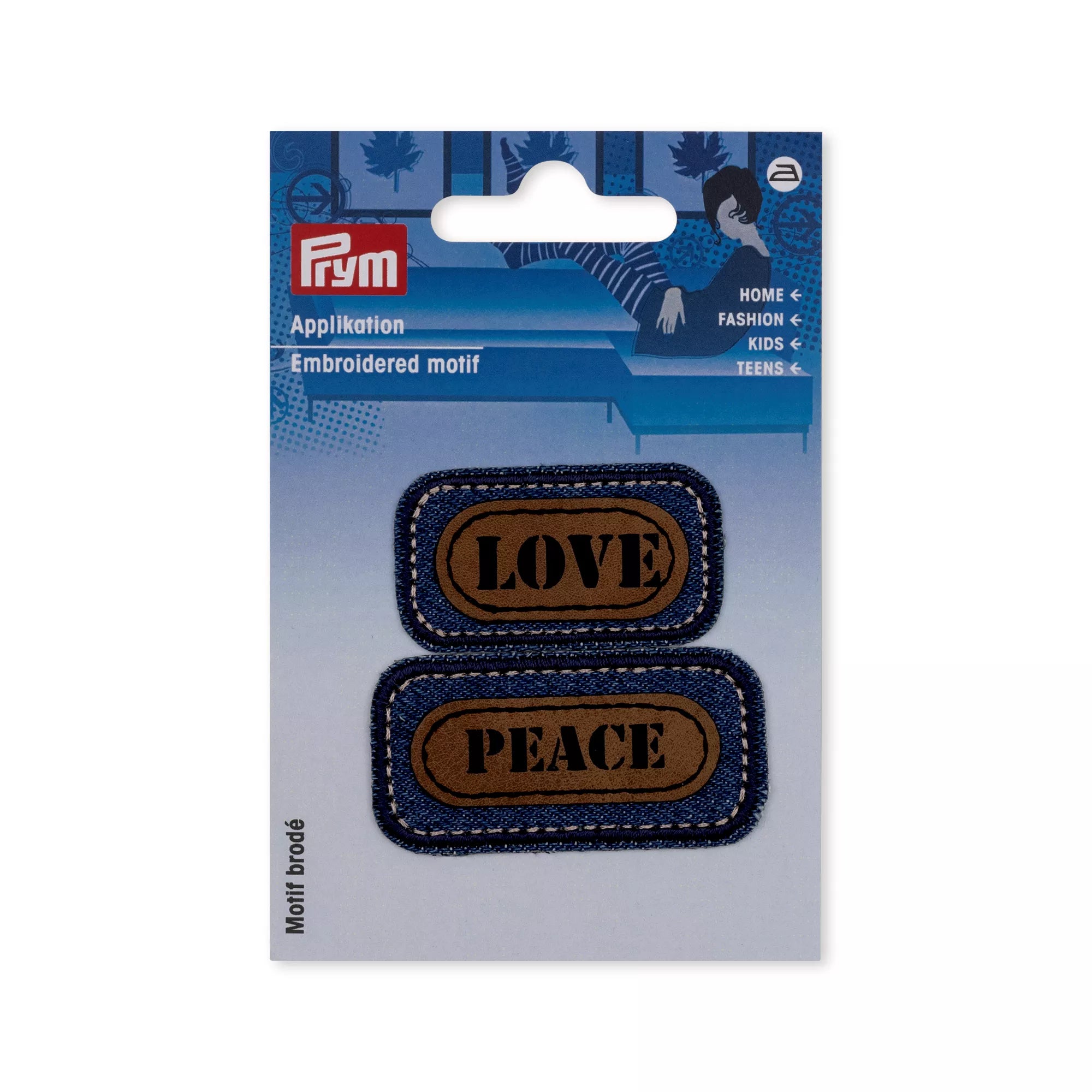 Applikation Jeans LOVE, blau/braun