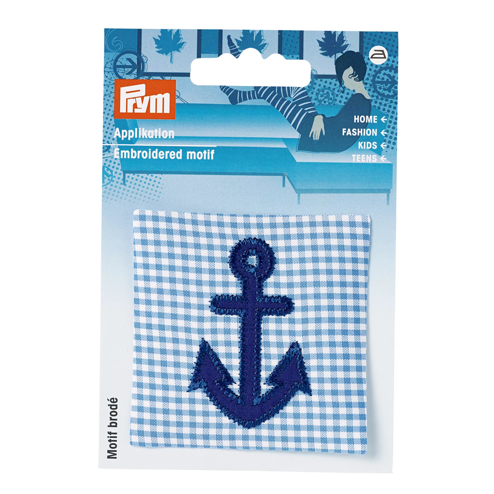 Applikation Anker auf blauem/weißem Stoff