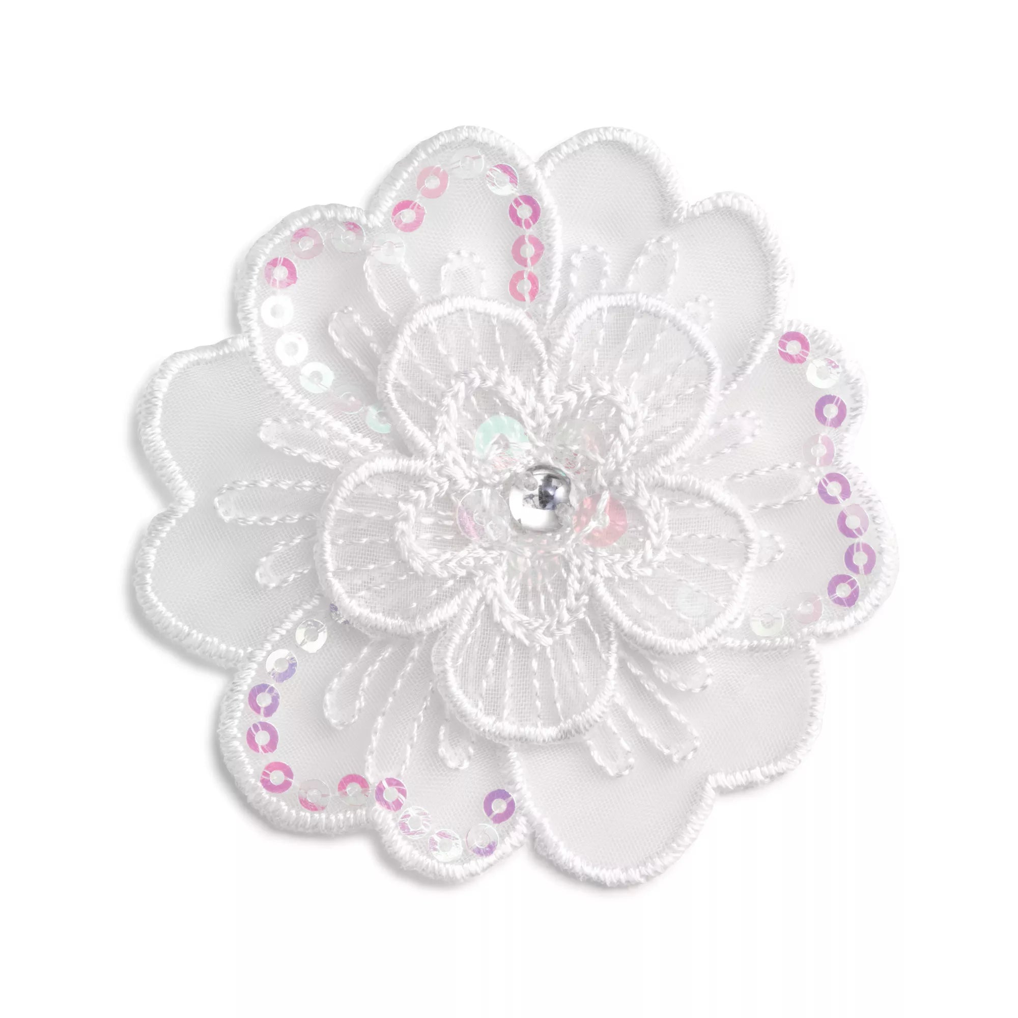 Flower appliqué, festive, white with sequins