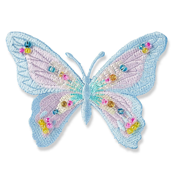 926164|Applikation Exklusiv Schmetterling,  blau pastell mit Perlen, mehrfarbig
