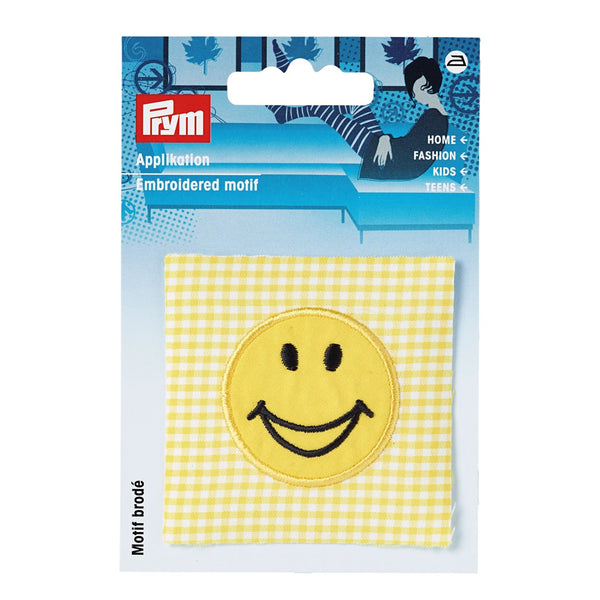 923175|Applikation Smiley auf gelbem/weißem Stoff, mehrfarbig