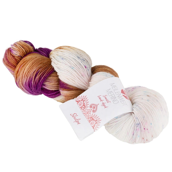 28290504|Meilenweit 100 Merino Hand-Dyed Sunset - 504 nougat/rotviolett/ecru/türkis/pink/gelb, 504 nougat/rotviolett/ecru/türkis/pink/gelb