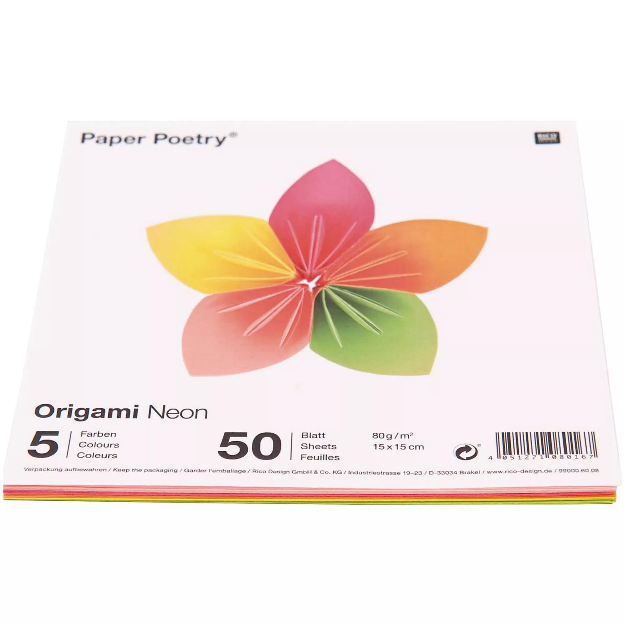 Paper Poetry Origami Neon 15x15cm 50 Blatt 5 Farben