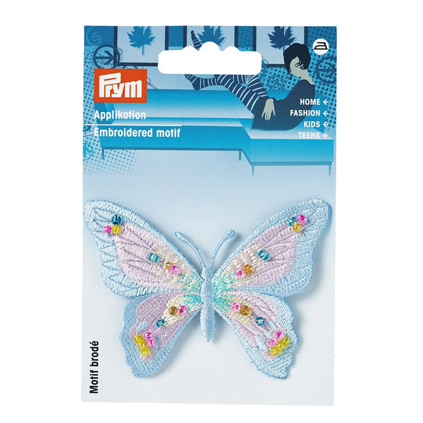 926164|Applikation Exklusiv Schmetterling,  blau pastell mit Perlen, mehrfarbig