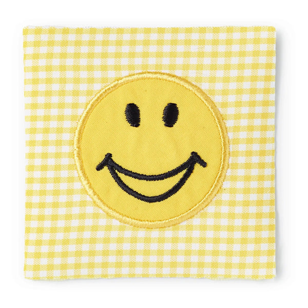 923175|Applikation Smiley auf gelbem/weißem Stoff, mehrfarbig