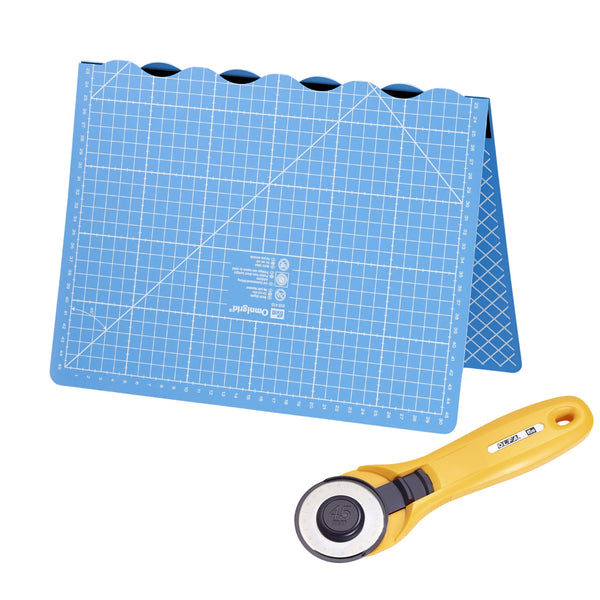 610420|Vorteils-Bundle faltbare Schneideunterlage (30 x 45 cm) + Rollschneider MAXI EASY (45 mm), hellblau
