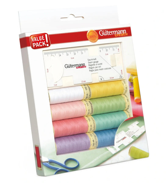 734583|Allesnäher-Set, 8 Spulen à 100 m, mit Saummaß, Pastellfarben, mehrfarbig
