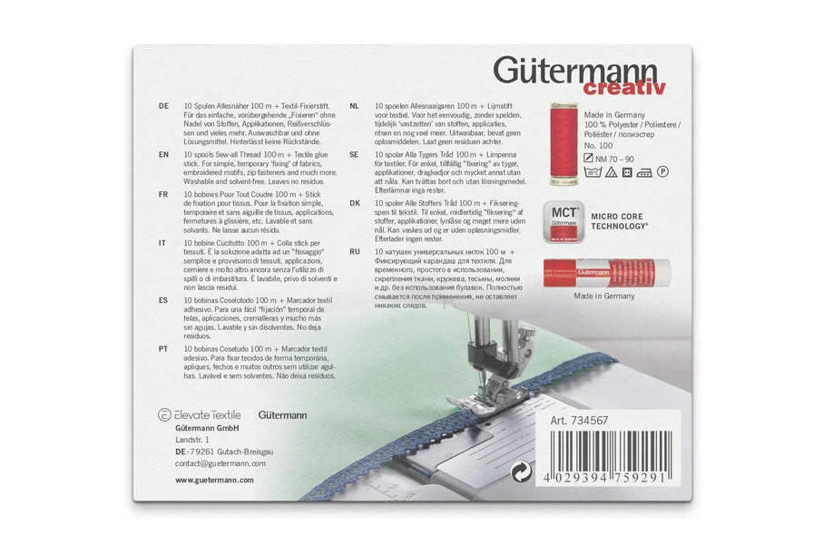 734567|Allesnäher-Set, 10 Spulen à 100 m, mit Textil-Fixierstift, mehrfarbig