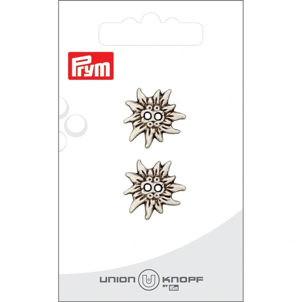 0042509 020 0083|Metallknopf 2-Loch, Edelweiß, 20mm, altsilber, 0083 altsilber