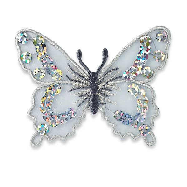 926423|Applikation Schmetterling, silber, mehrfarbig