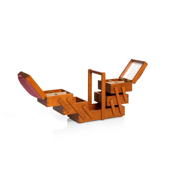 612550|Nähkasten aus dunklem Holz, mit Stoff, braun