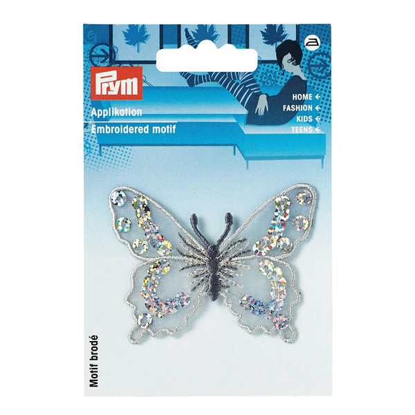926423|Applikation Schmetterling, silber, mehrfarbig