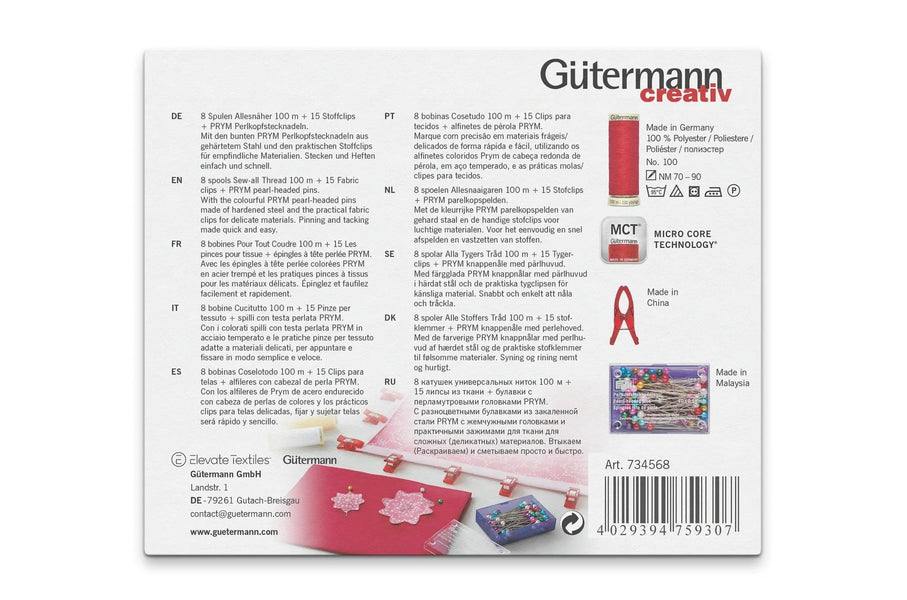 734568|Allesnäher-Set 100m, 8 Spulen à 100 m, mit Prym Perlkopfstecknadeln und Stoffclips, mehrfarbig