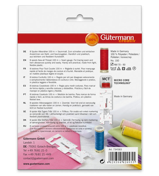 734583|Allesnäher-Set, 8 Spulen à 100 m, mit Saummaß, Pastellfarben, mehrfarbig