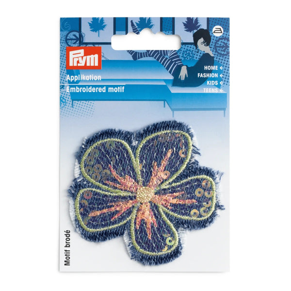926693|Applikation Blume Jeans, blau/rosa, blau rosa