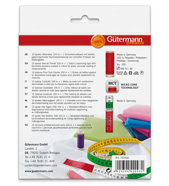 734581|Allesnäher Set, 10 Spulen à 100m, mit Schneidermaßband, mehrfarbig