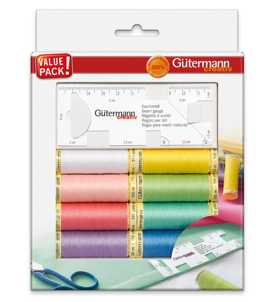 734583|Allesnäher-Set, 8 Spulen à 100 m, mit Saummaß, Pastellfarben, mehrfarbig
